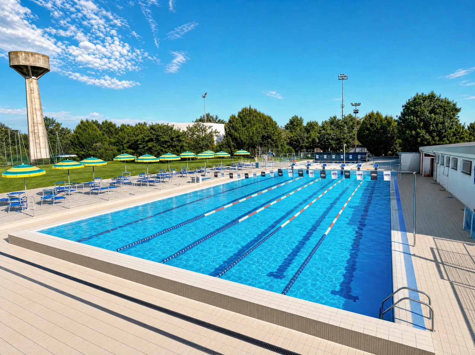 La vasca esterna della Piscina di Medicina con il solarium e gli ombrelloni
